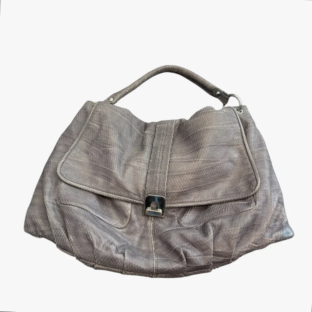 Kooba Taupe Snake-Skin Hobo Slouchy Purse Textured Shoulder Bag